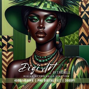 Può includere: Ritratto di arte digitale di una donna dalla pelle scura, con cappello verde, ombretto abbinato e gioielli. L'immagine include il testo "DigiArt by T. Rochelle" e le informazioni del negozio Etsy.
