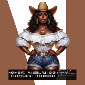 Black Woman Cowgirl Clipart | Afro Western Digital Art PNG | Stylish Rodeo Queen Illustration | Instant Download | Sublimation Design