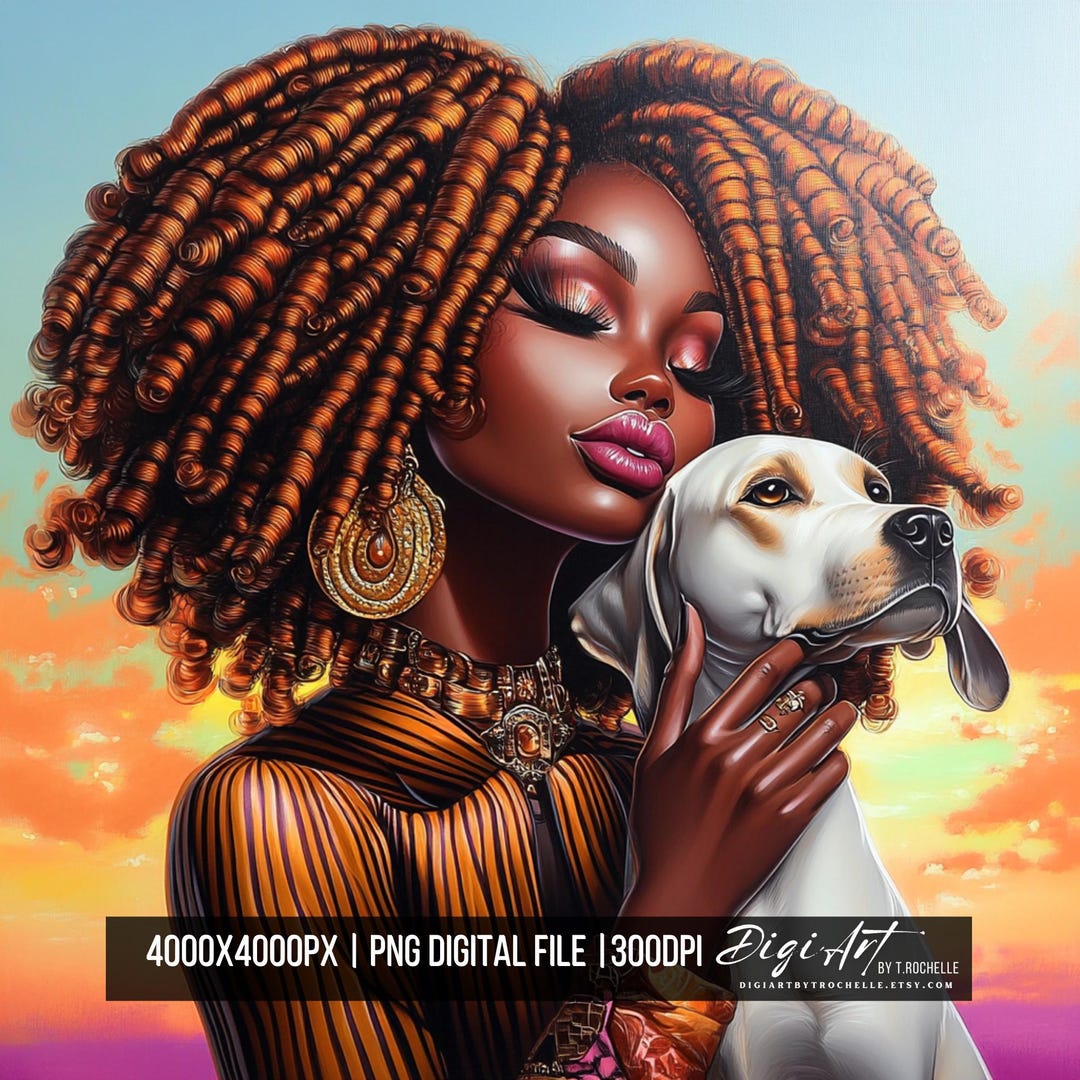Elegant Woman and Dog Art | Chic Afro Fashion Portrait (PNG Digital ...