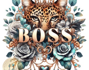 May include: A digital illustration of a leopard wearing a gold crown, surrounded by blue and white roses, gold chains, and jewels. The word "BOSS" is written in gold letters in front of the leopard.