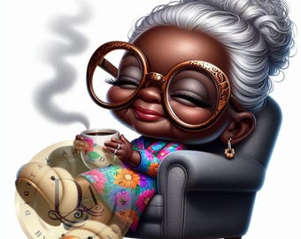 May include: A cartoon illustration of a woman with grey hair and brown skin, wearing glasses and a colourful floral dress, sitting in a grey armchair and holding a cup of coffee. She is smiling and has her eyes closed.