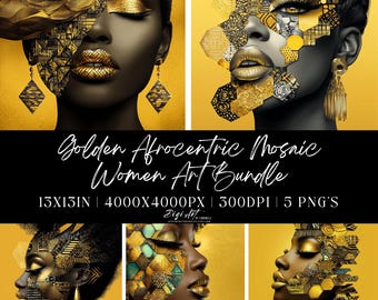 Goldene Afrocentric Frauen Kunst PNG Bündel | Mosaik Portraits (Instant Download)