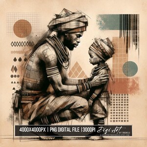 May include: Digital art print depicting a parent and child in traditional attire. The artwork features intricate patterns, geometric shapes, and the text "4000X4000PX | PNG DIGITAL FILE | 300DPI Digi Art". The color palette includes earth tones and muted blues.