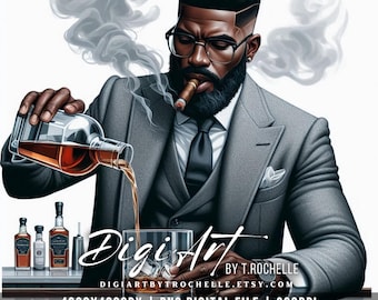 Hombre afroamericano con cigarro y whisky PNG / Arte de bar Moody (Descarga digital)