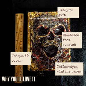 Occult spellbook with sculpted skull face cover, horror-style design on vintage papers