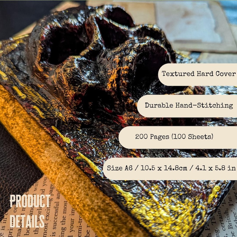 Occult spellbook with sculpted skull face cover, horror-style design on vintage papers