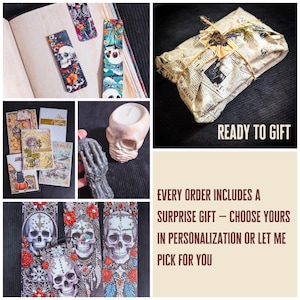 May include: A collage of gothic-themed items. Includes skull bookmarks, a skull candle, a wrapped gift, and greeting cards. The text "READY TO GIFT" and "EVERY ORDER INCLUDES A SURPRISE GIFT" are also visible.