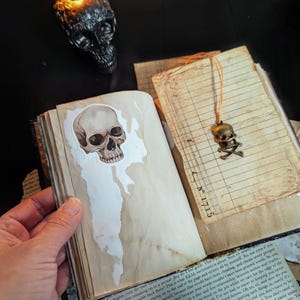 Occult spellbook with sculpted skull face cover, horror-style design on vintage papers