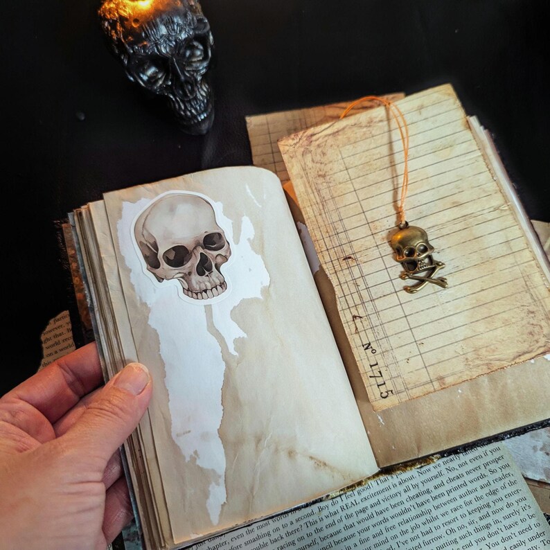 Occult spellbook with sculpted skull face cover, horror-style design on vintage papers