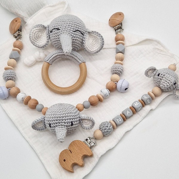 Schnullerkette Kinderwagenkette Elefant mit Name, Personalisiert, Fuchsrassel