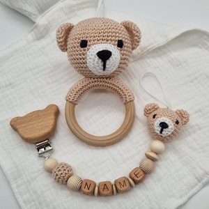 Bear pacifier chain personalized, baby rattle