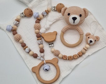 personalisierte Schnullerkette Bär, Kinderwagenkette, Bärenrassel