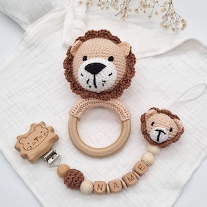 Lion pacifier chain personalized, baby rattle