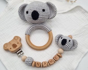 Koala Schnullerkette personalisiert, Babyrassel