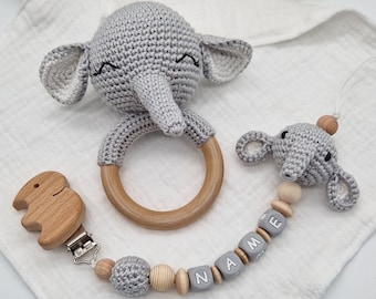 Elefanten Schnullerkette personalisiert, Geschenk zur Geburt, Schnullerkette mit Name, Babyrassel mit Name