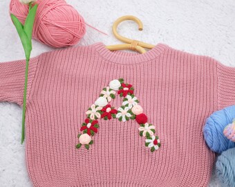 Hand Embroidered Flower Initial Sweater | Personalized Baby Sweater | Toddler Inital Sweater | Floral Initial Sweater