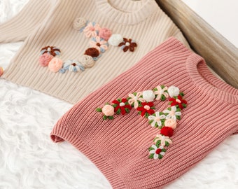 Hand Embroidered Flower Initial Sweater | Personalized Baby Sweater | Toddler Inital Sweater | Floral Initial Sweater