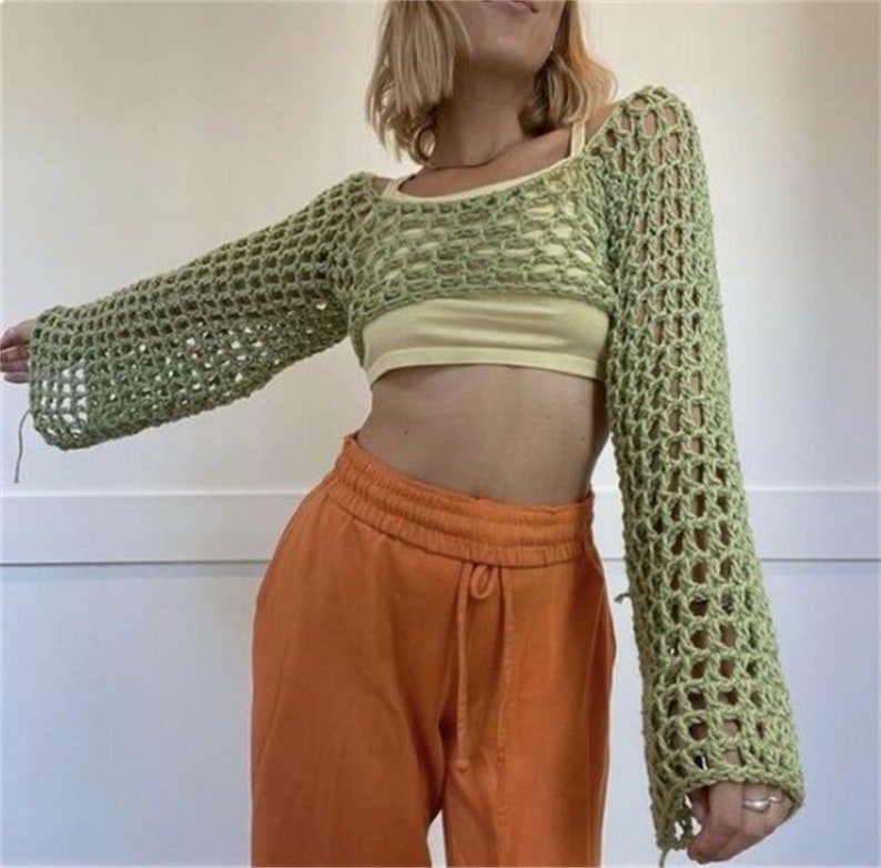 Y2k Crochet Knitted Crop Top Hollow Out Jumper Smock Etsy