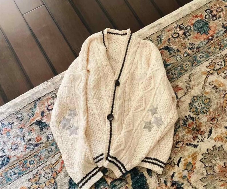 Star Embroidered Knit Botton up Folklore Cardigan Embroidered Etsy