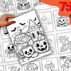 Op de afbeelding: Een set van 16 zwart-wit Halloween kleurplaten met verschillende griezelige karakters en sc&egrave;nes, waaronder een heks, een pompoen, een spook, een spin en een spookhuis. De pagina's zijn perfect voor kinderen van alle leeftijden om in te kleuren en van te genieten.