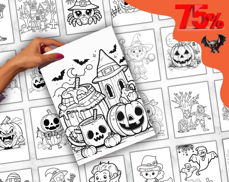 Op de afbeelding: Een set van 16 zwart-wit Halloween kleurplaten met verschillende griezelige karakters en sc&egrave;nes, waaronder een heks, een pompoen, een spook, een spin en een spookhuis. De pagina's zijn perfect voor kinderen van alle leeftijden om in te kleuren en van te genieten.