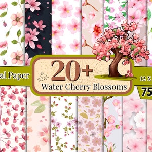 20 + Watercolor Cherry Blossoms Digital Paper, Pink Floral Background Paper, Cherry Blossoms Seamless Pattern, Blossoms Clipart, Sping Paper