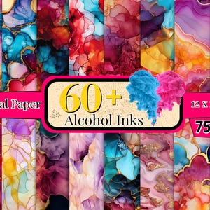 May include: 60+ digital papers featuring abstract alcohol ink designs in vibrant colors like red, blue, pink, yellow, and gold. Each paper is 12 x 12 inches.