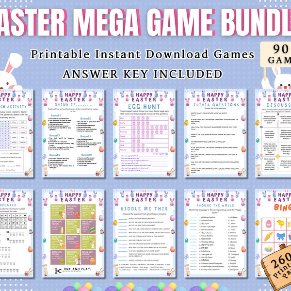 90 + Easter Games Bundle, Easter Party Games For Kids & Adults, Easter Family Games, Easter Activities For Kids, Easter Trivia Game, A4 US