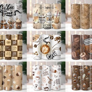 May include: Nine different designs for a coffee tumbler. The designs feature coffee cups, coffee beans, and the words "Coffee Time", "But First Coffee", and "Coffee".