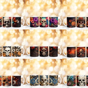 May include: A selection of white ceramic mugs with skull designs. The mugs display floral and decorative patterns, including roses, sunflowers, and pumpkins. The skulls are presented in diverse styles and colours, some with intricate detailing.