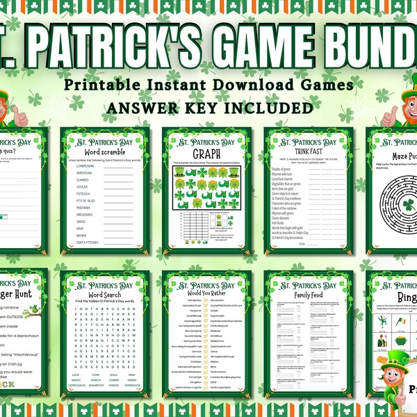 185 + St Patrick's Mega Party Game Bundle, St Paddys Day Family Game, St Patricks Day Activity for Kids, St Pattys Day Party Game for Adults