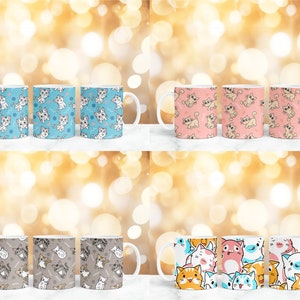 May include: Set of six white ceramic mugs with different cartoon cat designs. The mugs have blue, pink, and brown backgrounds with white outlines.