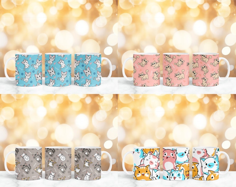 May include: Set of six white ceramic mugs with different cartoon cat designs. The mugs have blue, pink, and brown backgrounds with white outlines.