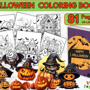 Op de afbeelding: Een Halloween kleurboek met 81 pagina's, met verschillende griezelige figuren en sc&egrave;nes. De kaft heeft een paarse achtergrond met een grote oranje maan, een zwarte boom met vleermuizen en de tekst "Happy Halloween".
