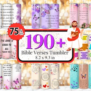 Könnte beinhalten: Ein Set mit 12 Edelstahl-Bechern mit verschiedenen Bibelversen und Blumendesigns. Die Becher sind 8,2 Zoll mal 9,3 Zoll groß und werden mit einem Strohhalm geliefert. Die Becher sind rosa, blau und lila mit Schmetterlingen und Blumen.