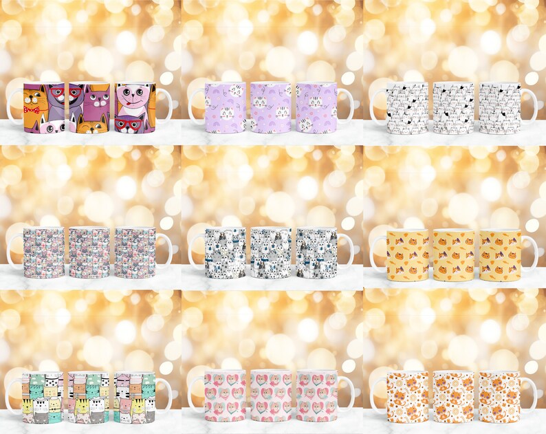 May include: Set of 12 white ceramic mugs with various cat-themed designs. The mugs feature different colored cats with various expressions and patterns. The mugs are arranged in three rows of four.