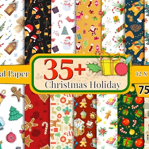 May include: A digital paper pack with 35+ Christmas holiday designs. The designs feature various Christmas themes, including ornaments, candy canes, snowflakes, and Santa Claus. The paper is 12x12 inches and is available for 75% off.