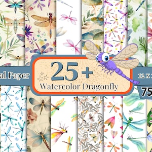 Puede incluir: Un conjunto de 25+ hojas de papel digital con diseños de libélulas en acuarela. Las hojas miden 30,48 x 30,48 cm y presentan ilustraciones de libélulas en tonos azules, verdes, rosas y marrones, con fondos florales y botánicos.