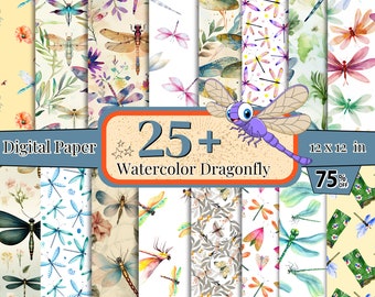 25 + Libelle Digitales Papier, süße Libelle Nahtloses Muster, Libelle Clipart, Libelle Hintergrund, Libelle Tapete, Fliegen Sammelalbum