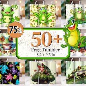 Puede incluir: Colección de vasos con temática de ranas, cada uno con un diseño único. La imagen muestra varias ilustraciones coloridas de ranas en vasos cilíndricos. El texto dice "50+ Frog Tumbler 20.8 x 23.6 cm" con una etiqueta "75% off".