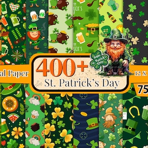 Könnte beinhalten: Ein digitales Papierpaket mit über 400 Designs zum Thema St. Patrick's Day. Die Designs zeigen Kleeblätter, Kobolde, Goldtöpfe und andere irische Symbole. Die Papiere sind 30,5 x 30,5 cm groß und perfekt für Scrapbooking, Kartenherstellung und andere Bastelarbeiten.