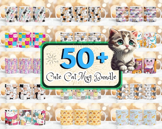 50 + Cute Cat Mug Wrap Designs Bundle, Cat Lovers Mug Wrap, Cats 11oz & 15oz Coffee Cup, Cute Cat Mug Sublimation Designs, Cat Mug Wrap PNG