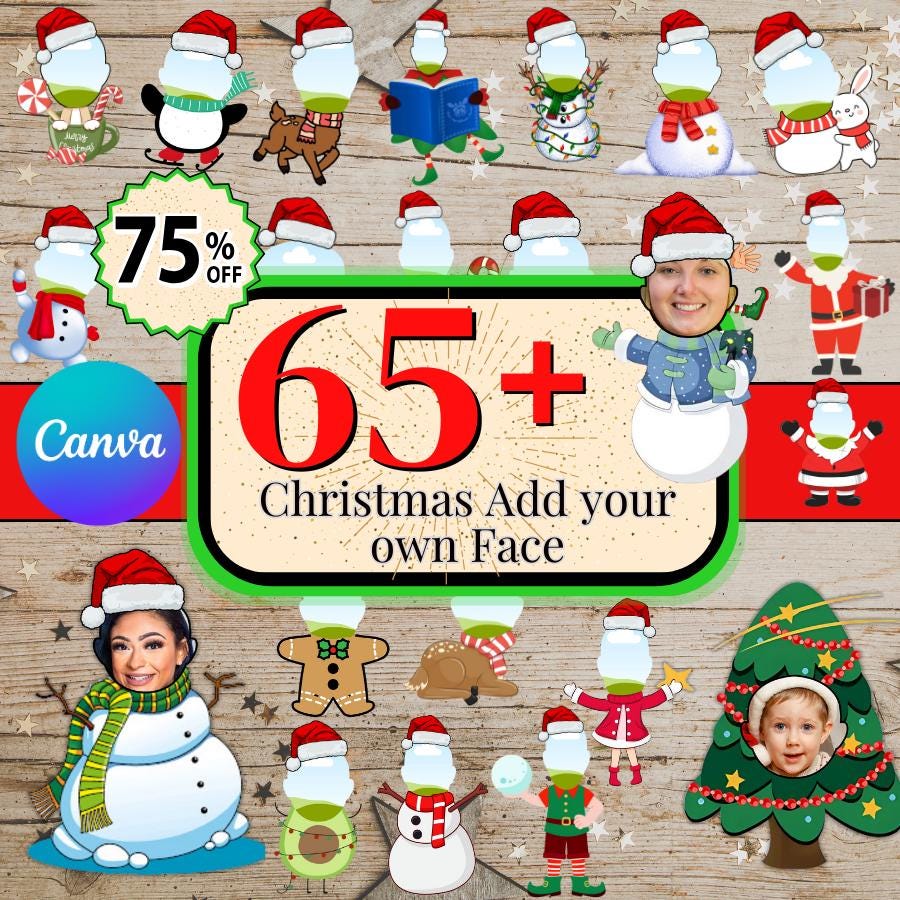 Christmas Add Your Own Face, Christmas Characters Photo Templates, Christmas Face Cutout Ornaments Custom Photo Face, Christmas Canva Frame