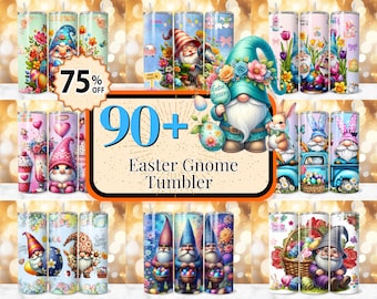 90 + Ostern Gnome Tumbler Wrap Design, niedlicher Ostern Gnome Tumbler, süße Frühling Gnome Sublimation, Floral Bunny Gnome 20 Unzen Skinny Tumbler Wrap