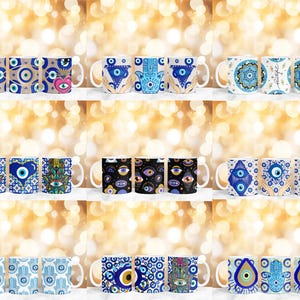May include: A selection of white ceramic mugs adorned with evil eye motifs. The designs incorporate blue, gold, and black color palettes, with patterns such as hearts, geometric shapes, and the Hamsa hand. Each mug has a white handle.