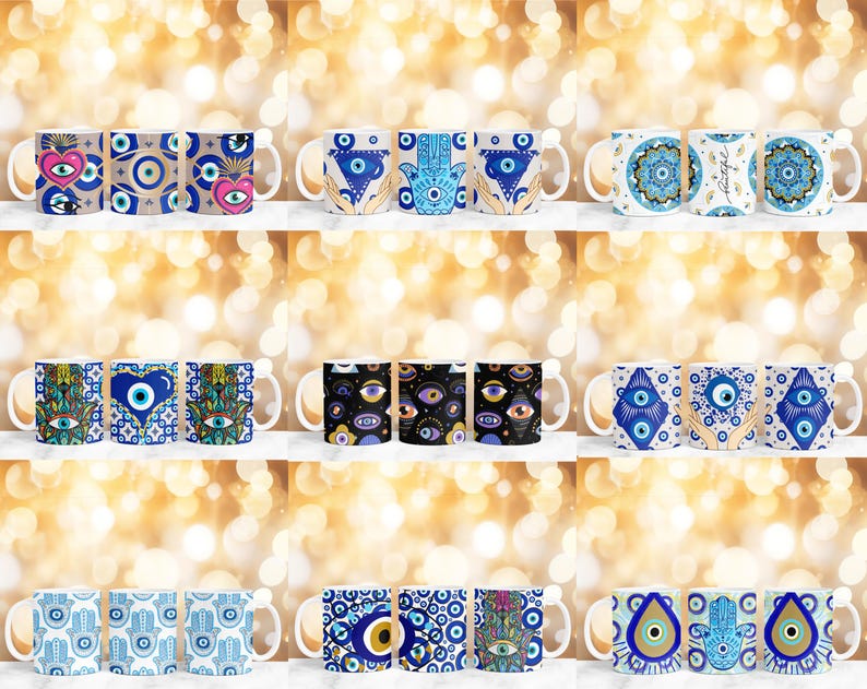 May include: A selection of white ceramic mugs adorned with evil eye motifs. The designs incorporate blue, gold, and black color palettes, with patterns such as hearts, geometric shapes, and the Hamsa hand. Each mug has a white handle.