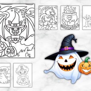 Op de afbeelding: Een zwart-witte kleurplaat met verschillende Halloween-figuren, waaronder een vleermuis, een weerwolf, een spook, een heks, een ketel en een spookhuis. De figuren zijn allemaal in eenvoudige lijntekeningen, klaar om in te kleuren.