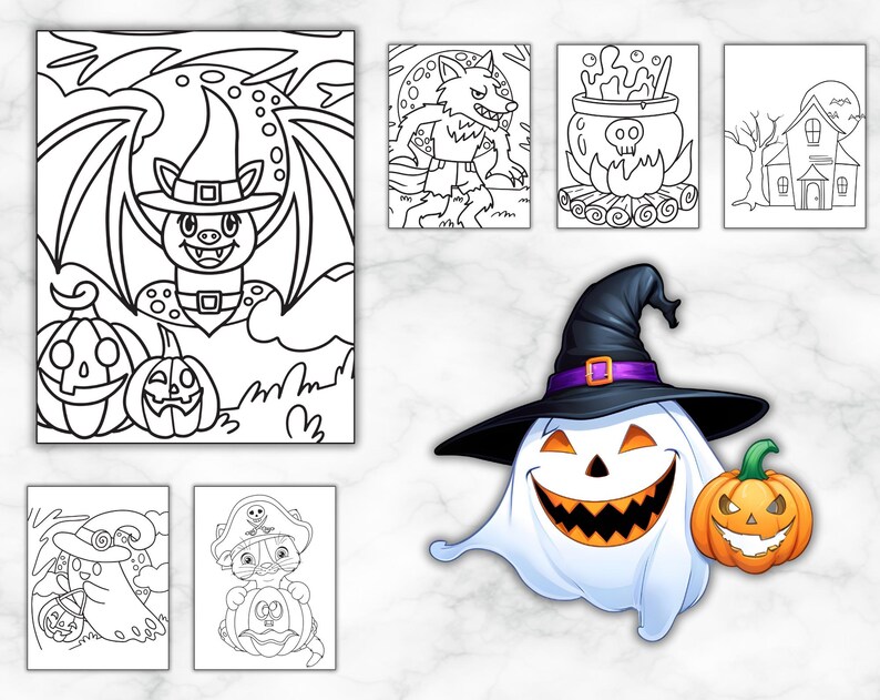 Op de afbeelding: Een zwart-witte kleurplaat met verschillende Halloween-figuren, waaronder een vleermuis, een weerwolf, een spook, een heks, een ketel en een spookhuis. De figuren zijn allemaal in eenvoudige lijntekeningen, klaar om in te kleuren.