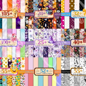 Op de afbeelding: Een verzameling digitale papierpakketten met diverse ontwerpen. De afbeelding toont pakketten met de labels "Watercolor Texture", "Halloween Paper", "Mini Polka Dots", "Watercolor Ombre", "Purple Watercolor Floral", "Embroidered Floral", "Happy Face Pattern", "Pastel Colors Paper" en "Black & White Doodle". Elk pakket is gelabeld met het aantal vellen en de grootte.