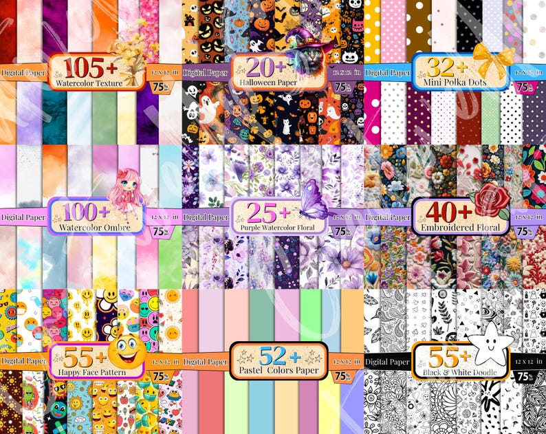 Op de afbeelding: Een verzameling digitale papierpakketten met diverse ontwerpen. De afbeelding toont pakketten met de labels "Watercolor Texture", "Halloween Paper", "Mini Polka Dots", "Watercolor Ombre", "Purple Watercolor Floral", "Embroidered Floral", "Happy Face Pattern", "Pastel Colors Paper" en "Black & White Doodle". Elk pakket is gelabeld met het aantal vellen en de grootte.